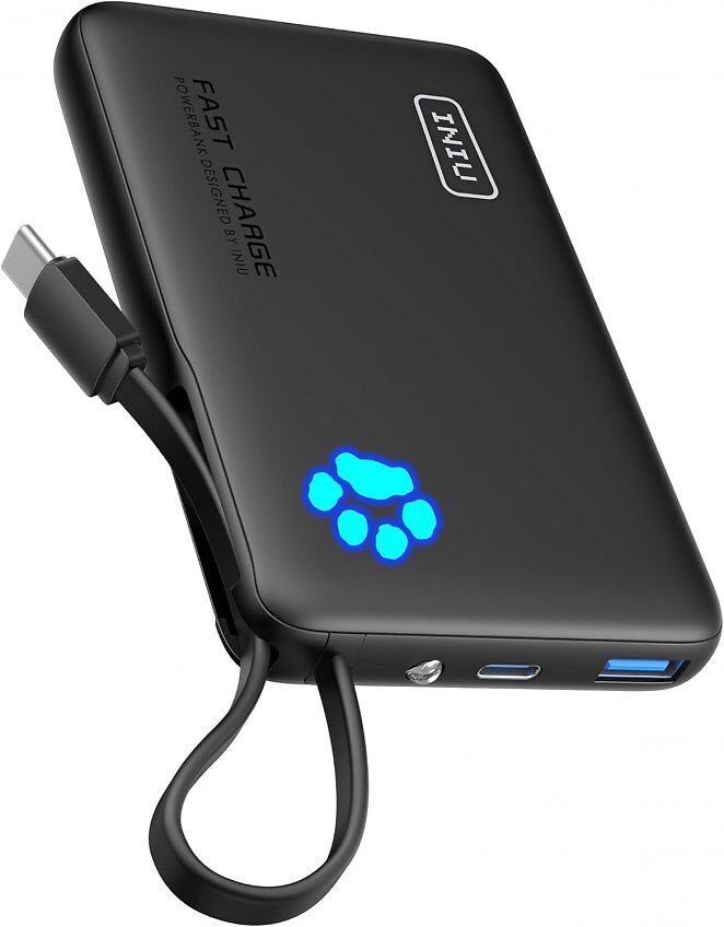 INIU 45W Power Bank, Mini-Größe 10000mAh PowerBank mit Integriertem USB-C Kabel, Schnellladen Externe Handyakkus USB C In&Out, Klein Aber Stark für iPhone 17 16 15 14 Xiaomi Mini Samsung iPad