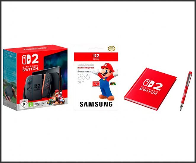 Switch 2 Mario Kart World-Set + Samsung mircoSD EXPRESS 256 GB + Notizbuch + Stift