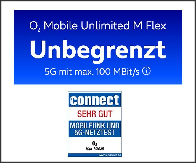o2 Mobile Unlimited M Flex: Unbegrenztes Datenvolumen - 5G mit max. 100 MBit/s