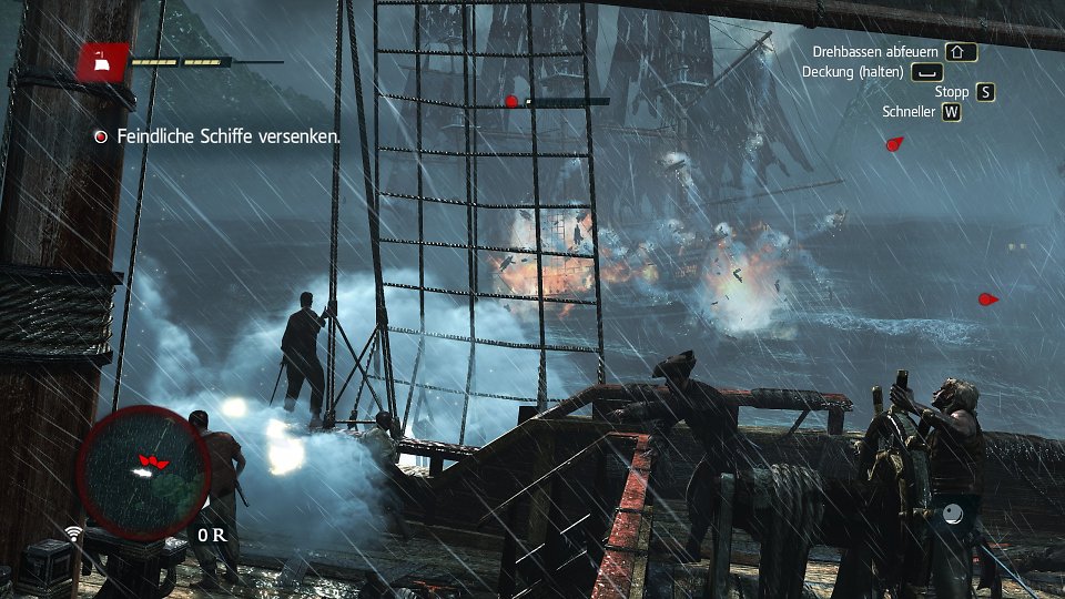 Ein chaotischer Schiffskampf in Black Flag. Hierbei gefallen die Effekte gut, aus Gameplay-Sicht macht das alles auch verdammt viel Spaß, doch der Star ist ganz klar die intensive Geräuschkulisse.