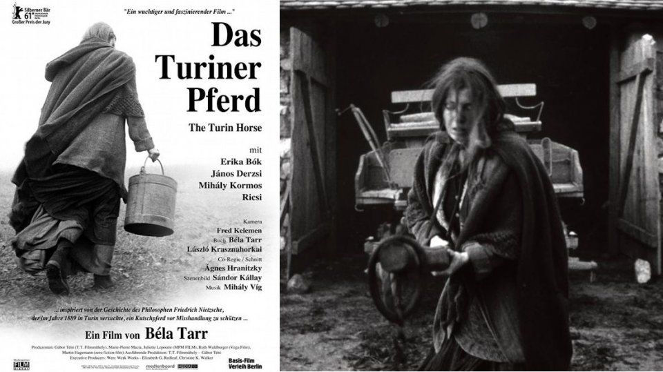 Kinoplakat und Szenenbild zu 'Das Turiner Pferd'