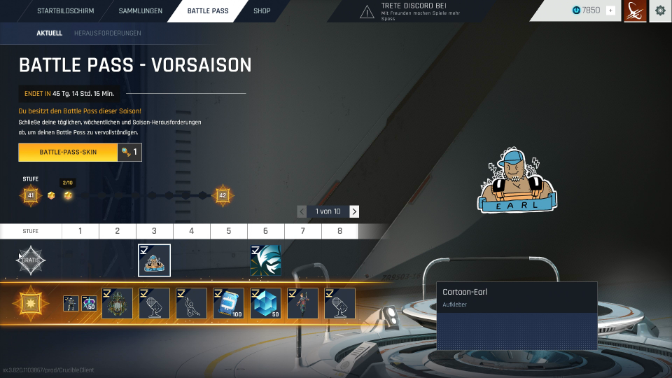 Der Battle Pass von Crucible umfasst insgesamt 80 Stufen. Mit jedem Aufstieg schaltet ihr neue Items wie etwa einen legendären Charakterskin frei.
