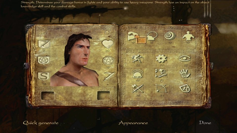 Schon damals mehr hässlich als zweckmäßig: Bei der Charaktererstellung von Arx Fatalis stehen euch nur wenige Figurenmodelle zur Auswahl. Die spielentscheidenden Attributswerte werden unter kryptischen Symbolen aneinandergereiht. <br> &nbsp;