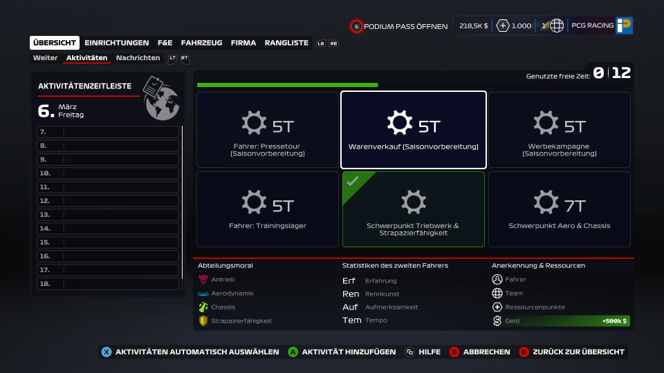Die Aktivitätenplanungen nach jedem Rennwochenende bringen einen angenehmen strategischen Ansatz in die Spieleserie.