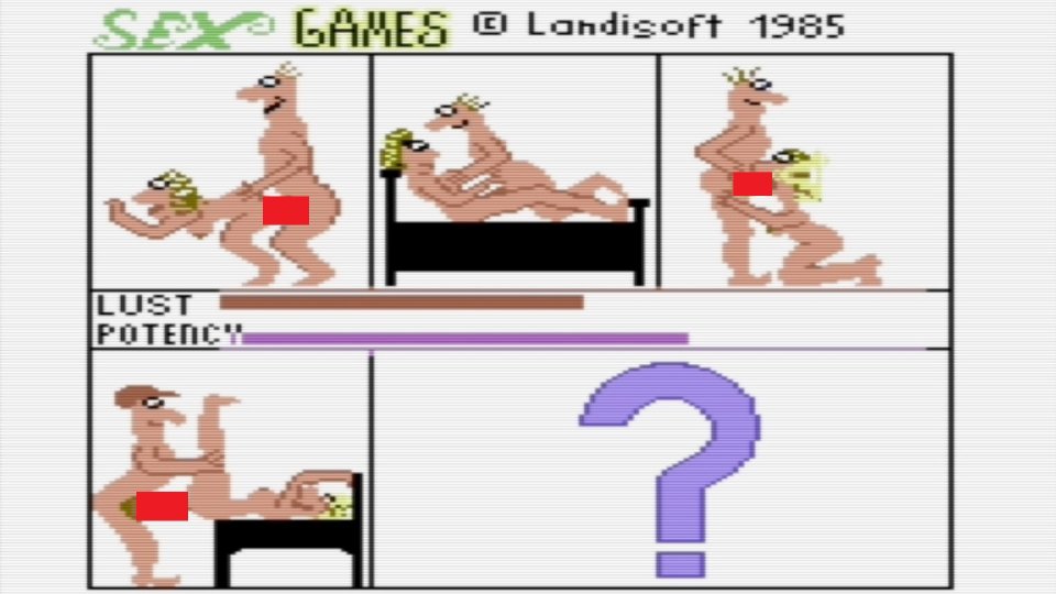 Interessanterweise waren die Entwickler des indizierten Sex Games (1985) minderjährig. &nbsp;Stammleser Günther Jauch fragt daher: Durften die ihr Werk denn selbst spielen? (Bild: C64) &nbsp;&nbsp;&nbsp;&nbsp; <br> &nbsp;