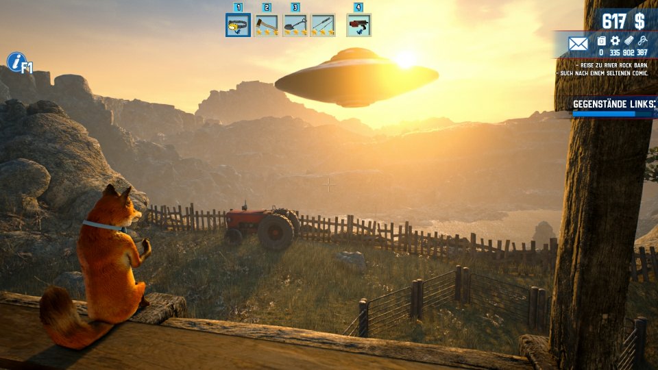 Bereits am Anfang wird klar, dass die Story von Barn Finders von Aliens handelt. In dieser Szene beobachten wir von einer Scheune aus ein Ufo im malerischen Sonnenuntergang. <br> &nbsp;