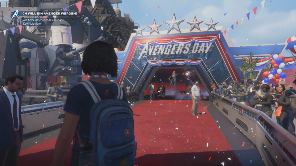 <strong>Feierlichkeiten auf dem A-Day:</strong> Marvel's Avengers entscheidet sich für einen ruhigen und glücklichen Spiele-Einstieg, in dem wir genug Zeit haben, die Charaktere kennenzulernen - sehr gute Wahl!