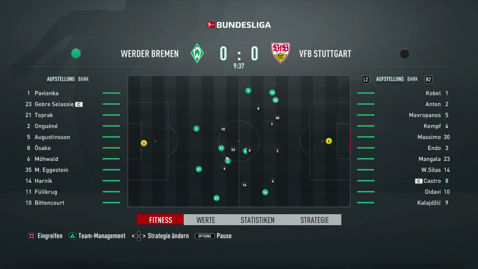 Die Grafik der Interaktiven Simulation erinnert stark an das Radar, das ihr während regulärer Matches eingeblendet bekommt: 22 Punkte flitzen über einen zweidimensionalen Platz, im Hintergrund laufen Stadionsound und Kommentar weiter.