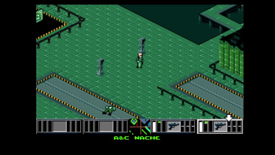 Syndicate ist auch für Konsolen erschienen, verliert hier jedoch aufgrund der bunteren Farben und der verniedlichten Figuren an Atmosphäre. Das Bild zeigt die Umsetzung für das Sega Mega Drive. <br> &nbsp;