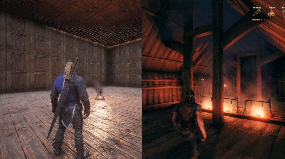 Architekten gesucht: Im direkten Vergleich erkennt man, wie sehr sich das Bausystem Valheims von anderen Survivalspielen wie zum Beispiel Conan Exiles unterscheidet. Wo Barbaren in Conan Exiles noch typische „Survival-Kisten“ bauen können, müssen Wikinger in Valheim ihre Methalle physikalisch korrekt stützen.