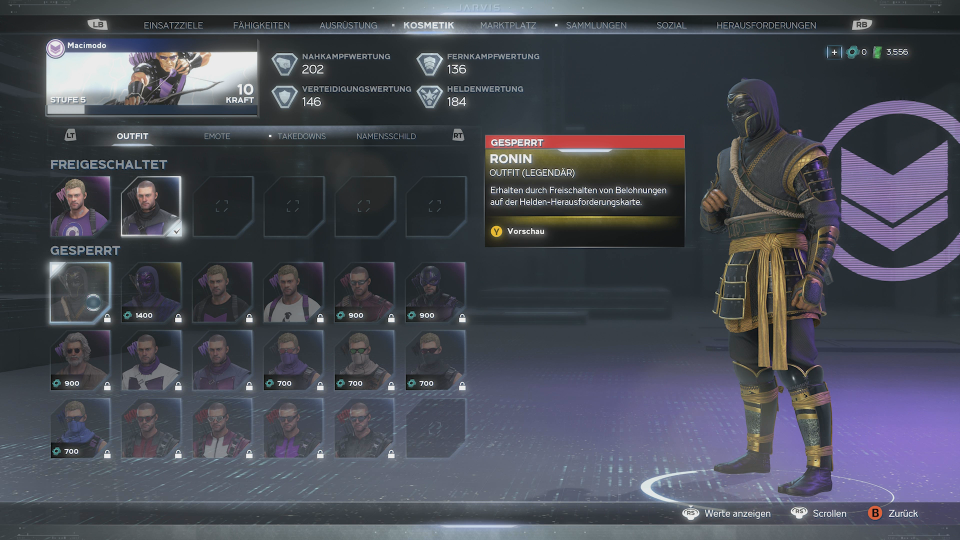 <strong>Style kostet: </strong>Wie auch bei den anderen Figuren gibt es eine Vielzahl an hübschen Outfits für Hawkeye, die besonders spannenden sind aber nur schwer zu erspielen.