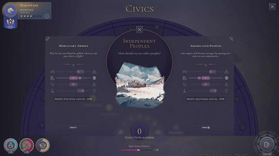 Civics sind in Humankind nicht so linear wie in Civilization und müssen im Lauf des Spiels erst entdeckt werden bevor man sie skillen kann.