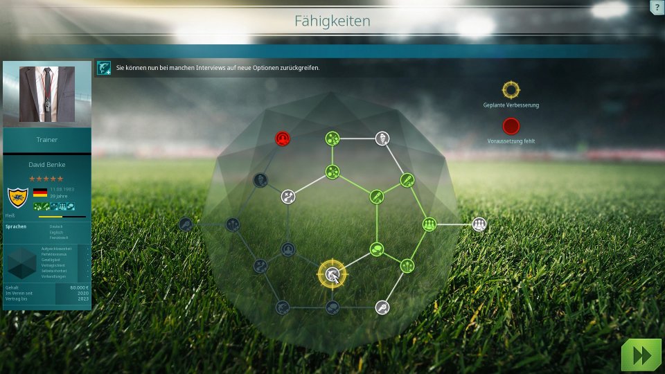 Auch euer Manager selbst verfügt über eine Art Skilltree, in dem ihr neue Fertigkeiten freischalten könnt.