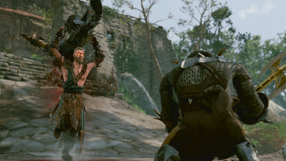 Ein Barbar wirft einen NPC auf einen anderen NPC.