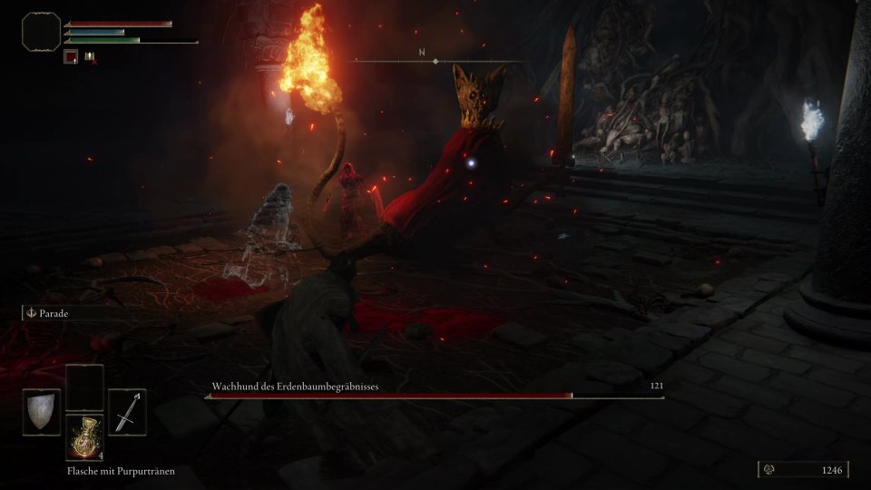 Der Spieler kämpft gegen einen Boss in den Katakomben