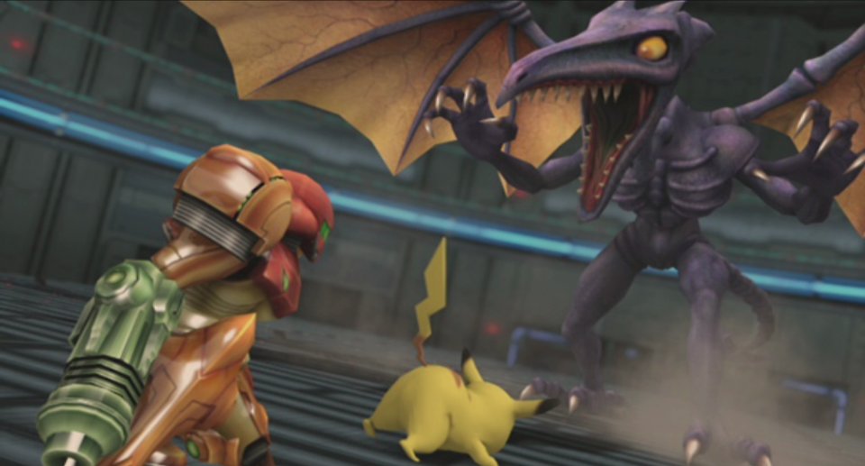 Samus und Pikachu stehen dem Bossgegner Ridley gegenüber