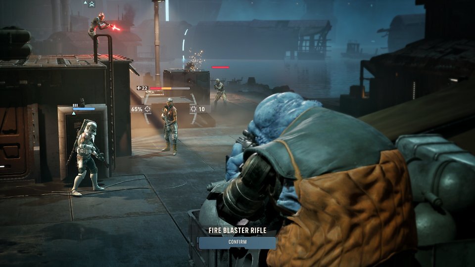 Kabb Uppercut (Vordergrund) kämpft in den Docks von Courtsilius gegen Banditen.