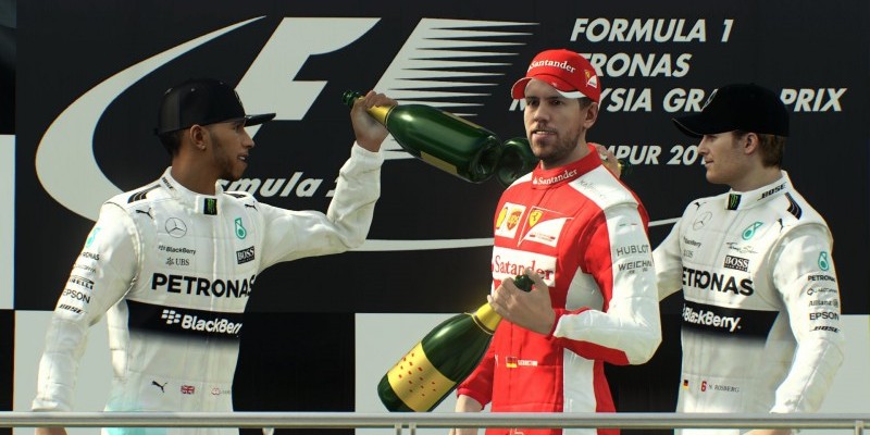 Champagnerdusche auf dem Siegertreppchen.